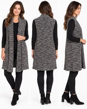 GAP Women’s Large Black White Marled Long Open Front Sweater Vest